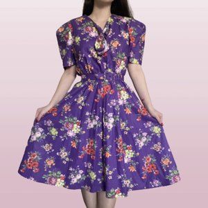 1980s Brenner Petites True Vintage Purple Floral Midi Swing Dress